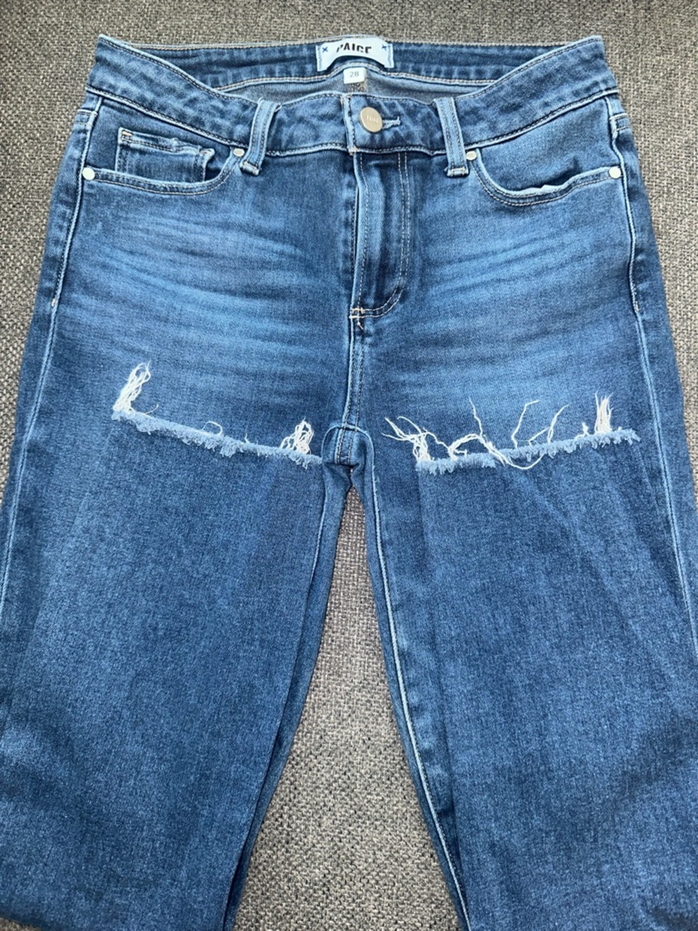 PAIGE Straight Leg Distressed Mid-Blue Jeans